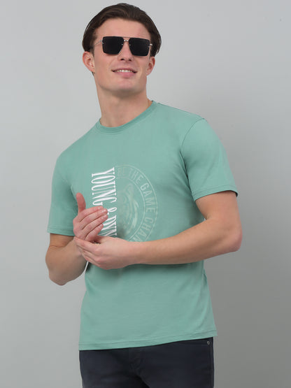 Men's Light Green Round neck Half Sleeve T-Shirt with Print