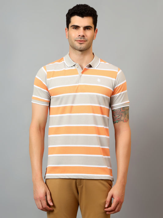 T-Shirt for Men | Breathable & Soft with Color Fastness Regular Fit Polo Neck Poly Cotton Fabric Striped Pattern
