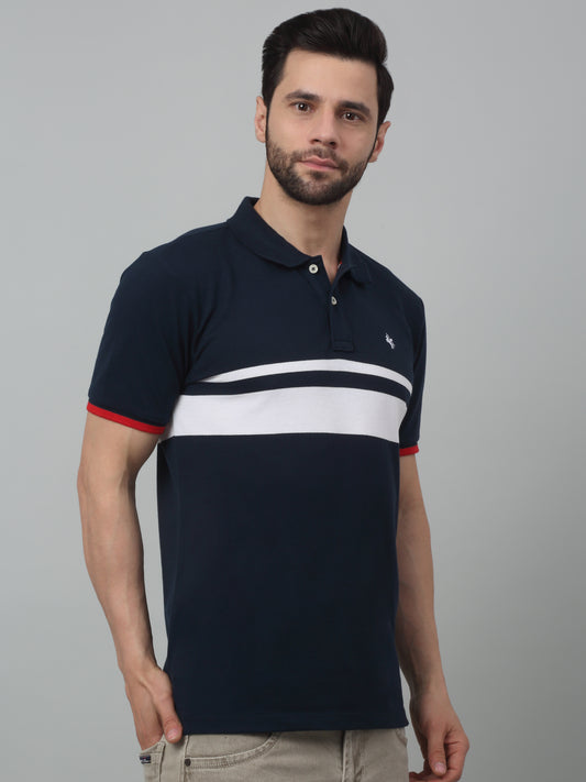 T-Shirt for Men | Breathable & Soft with Color Fastness Regular Fit Polo Neck Poly Cotton Fabric Striped Pattern