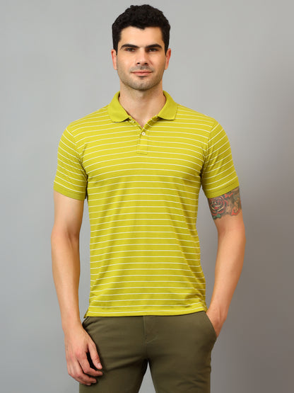 Men's Lime Green Stripe Polo neck Half Sleeve T-Shirt