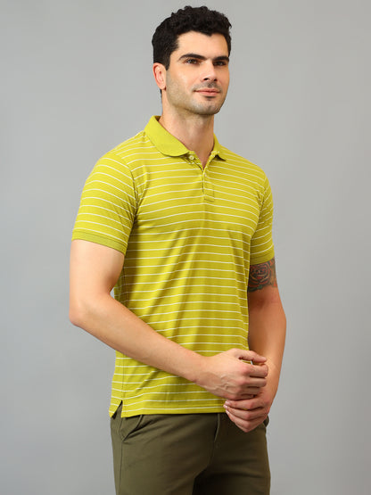 Men's Lime Green Stripe Polo neck Half Sleeve T-Shirt