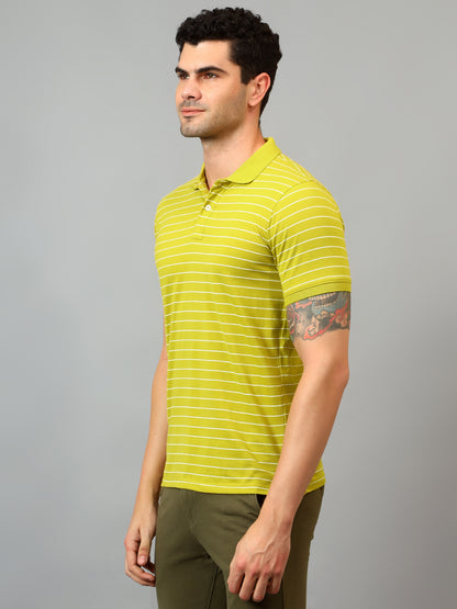 Men's Lime Green Stripe Polo neck Half Sleeve T-Shirt