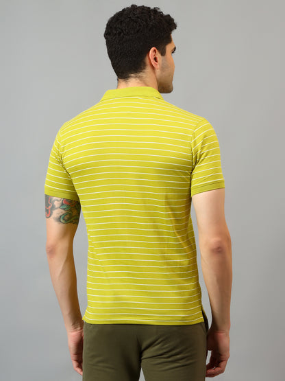 Men's Lime Green Stripe Polo neck Half Sleeve T-Shirt