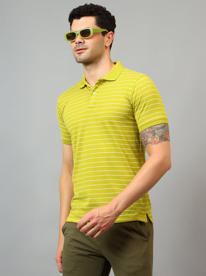 Men's Lime Green Stripe Polo neck Half Sleeve T-Shirt