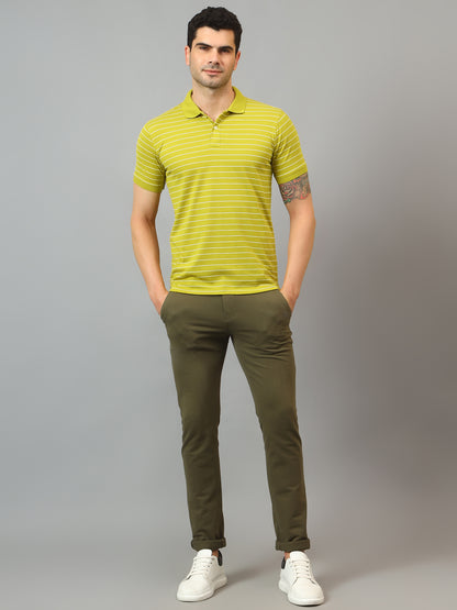 Men's Lime Green Stripe Polo neck Half Sleeve T-Shirt