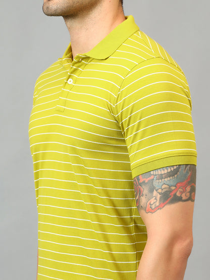 Men's Lime Green Stripe Polo neck Half Sleeve T-Shirt