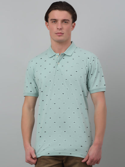 Men's Pista Green All over print Polo neck Half Sleeve T-Shirt