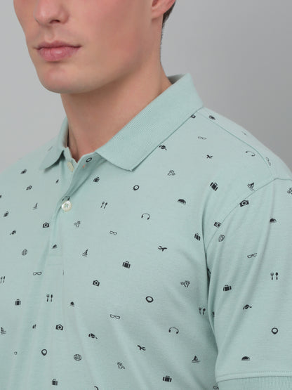 Men's Pista Green All over print Polo neck Half Sleeve T-Shirt