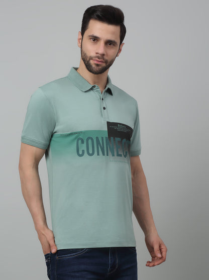 Men's Aqua  Green Polo neck Half Sleeve T-Shirt with Typographic print