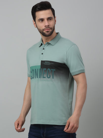 Men's Aqua  Green Polo neck Half Sleeve T-Shirt with Typographic print