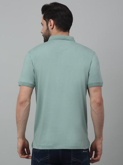 Men's Aqua  Green Polo neck Half Sleeve T-Shirt with Typographic print