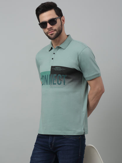 Men's Aqua  Green Polo neck Half Sleeve T-Shirt with Typographic print