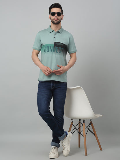 Men's Aqua  Green Polo neck Half Sleeve T-Shirt with Typographic print