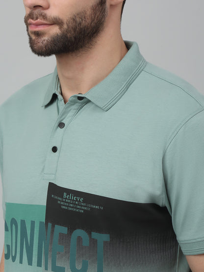 Men's Aqua  Green Polo neck Half Sleeve T-Shirt with Typographic print