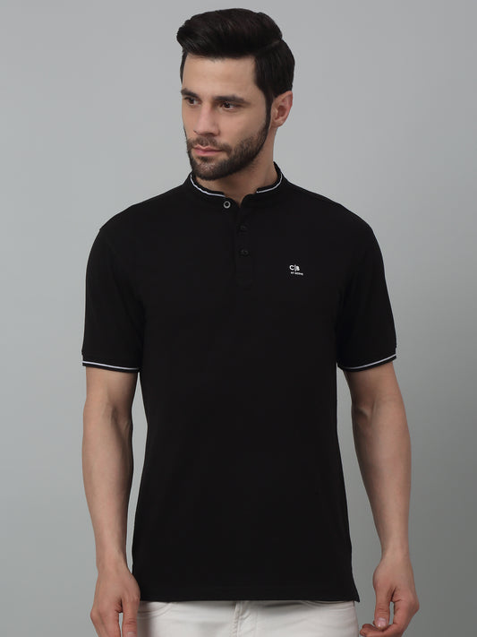 T-Shirt for Men | Breathable & Soft with Color Fastness Regular Fit Mandarin Collar Poly Cotton Fabric Solid Pattern