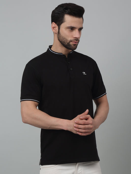 T-Shirt for Men | Breathable & Soft with Color Fastness Regular Fit Mandarin Collar Poly Cotton Fabric Solid Pattern