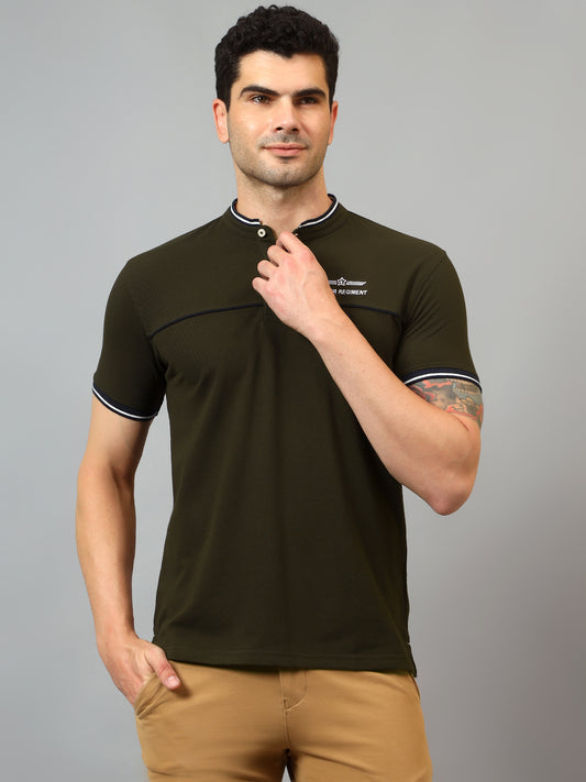 T-Shirt for Men | Breathable & Soft with Color Fastness Regular Fit Mandarin Collar Poly Cotton Fabric Solid Pattern