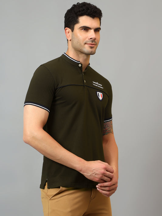T-Shirt for Men | Breathable & Soft with Color Fastness Regular Fit Mandarin Collar Poly Cotton Fabric Solid Pattern