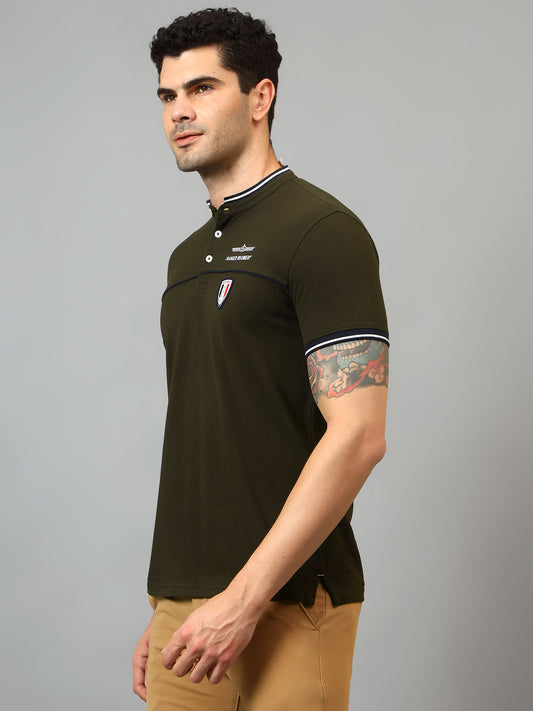 T-Shirt for Men | Breathable & Soft with Color Fastness Regular Fit Mandarin Collar Poly Cotton Fabric Solid Pattern