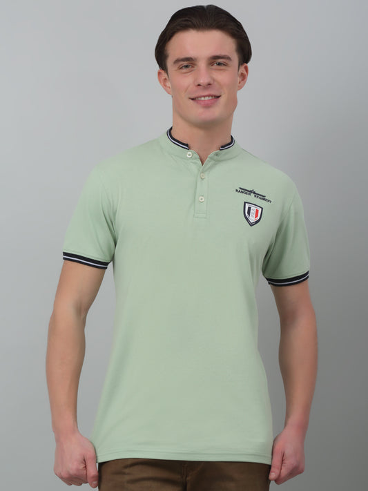 T-Shirt for Men | Breathable & Soft with Color Fastness Regular Fit Mandarin Collar Poly Cotton Fabric Solid Pattern
