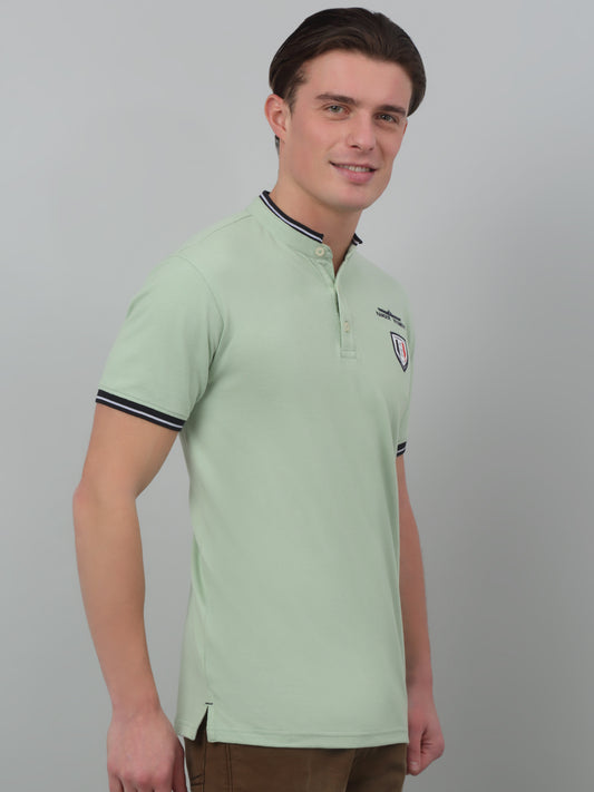T-Shirt for Men | Breathable & Soft with Color Fastness Regular Fit Mandarin Collar Poly Cotton Fabric Solid Pattern