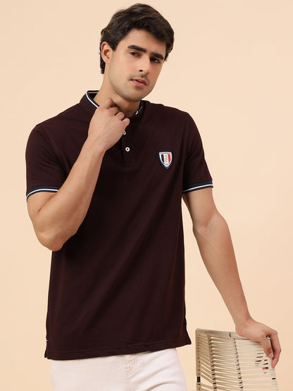 T-Shirt for Men | Breathable & Soft with Color Fastness Regular Fit Mandarin Collar Poly Cotton Fabric Solid Pattern