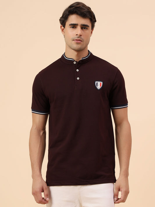 T-Shirt for Men | Breathable & Soft with Color Fastness Regular Fit Mandarin Collar Poly Cotton Fabric Solid Pattern