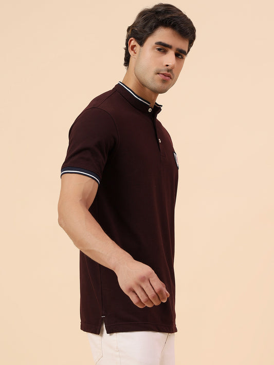 T-Shirt for Men | Breathable & Soft with Color Fastness Regular Fit Mandarin Collar Poly Cotton Fabric Solid Pattern