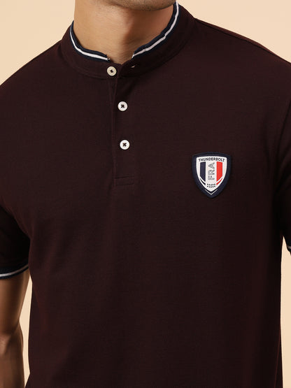 T-Shirt for Men | Breathable & Soft with Color Fastness Regular Fit Mandarin Collar Poly Cotton Fabric Solid Pattern