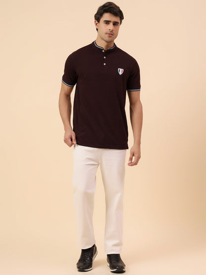 T-Shirt for Men | Breathable & Soft with Color Fastness Regular Fit Mandarin Collar Poly Cotton Fabric Solid Pattern