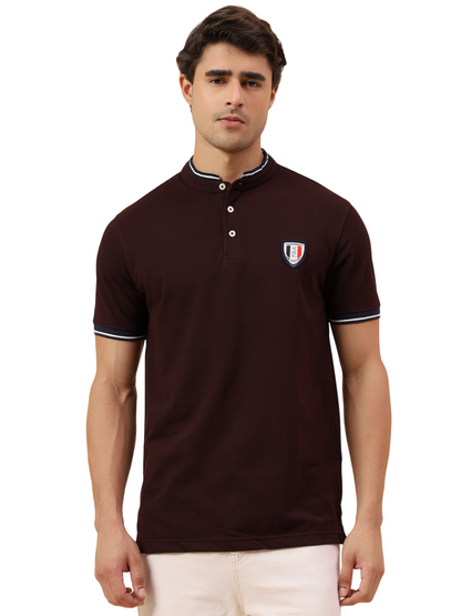 T-Shirt for Men | Breathable & Soft with Color Fastness Regular Fit Mandarin Collar Poly Cotton Fabric Solid Pattern