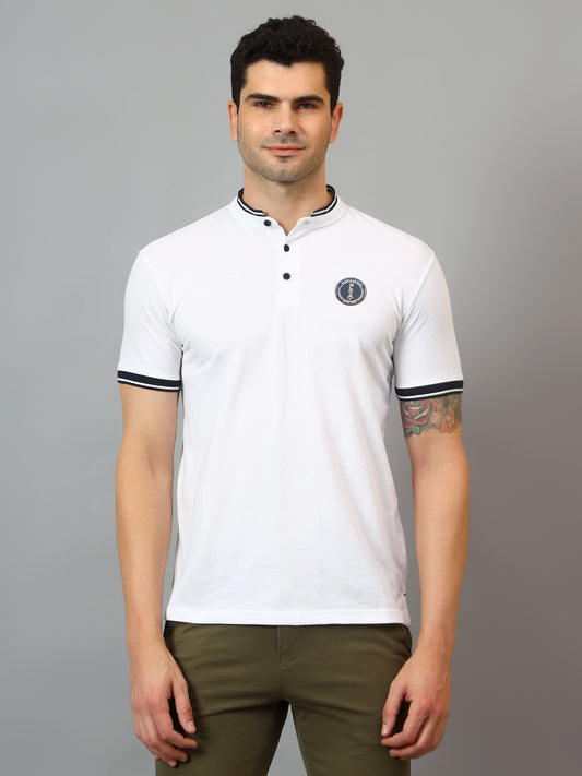 T-Shirt for Men | Breathable & Soft with Color Fastness Regular Fit Mandarin Collar Poly Cotton Fabric Solid Pattern