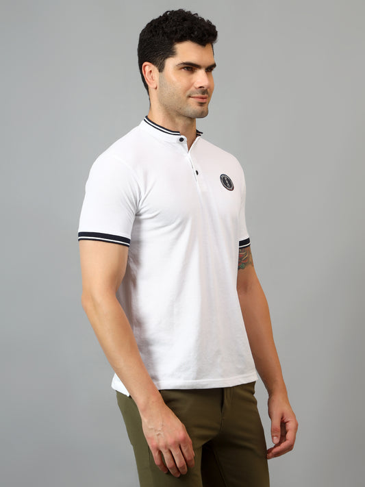 T-Shirt for Men | Breathable & Soft with Color Fastness Regular Fit Mandarin Collar Poly Cotton Fabric Solid Pattern