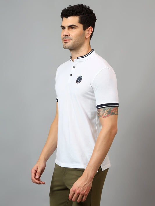 T-Shirt for Men | Breathable & Soft with Color Fastness Regular Fit Mandarin Collar Poly Cotton Fabric Solid Pattern