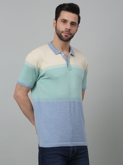 Men's Sky Blue Color block Polo neck Half Sleeve Flatknit T-Shirt