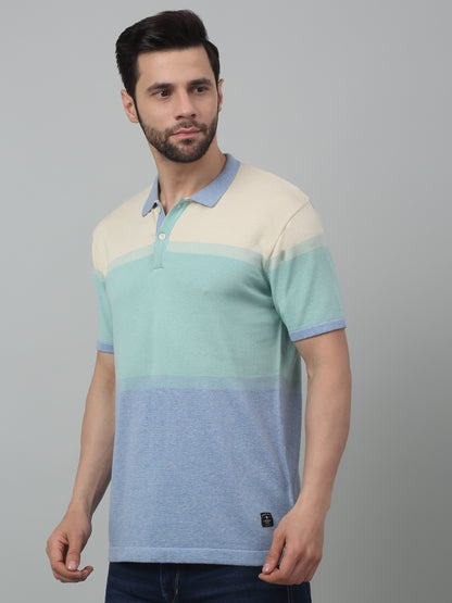 Men's Sky Blue Color block Polo neck Half Sleeve Flatknit T-Shirt