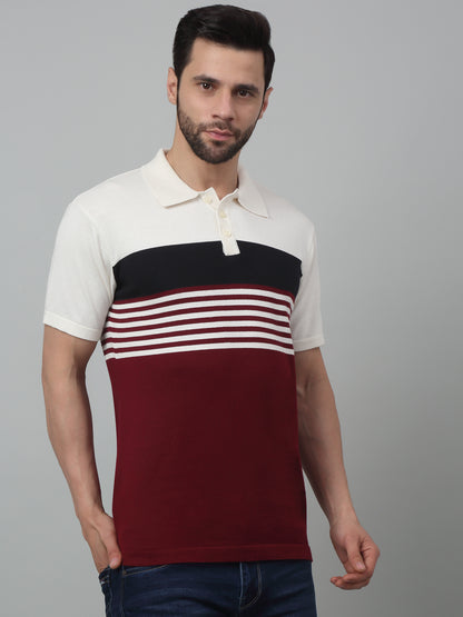 Men's Maroon Color block Stripe Polo neck Half Sleeve Flatknit T-Shirt