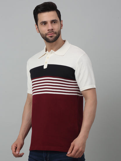 Men's Maroon Color block Stripe Polo neck Half Sleeve Flatknit T-Shirt