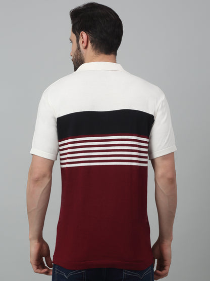 Men's Maroon Color block Stripe Polo neck Half Sleeve Flatknit T-Shirt