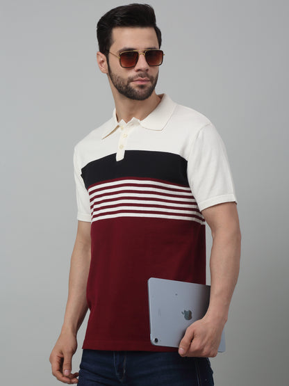 Men's Maroon Color block Stripe Polo neck Half Sleeve Flatknit T-Shirt