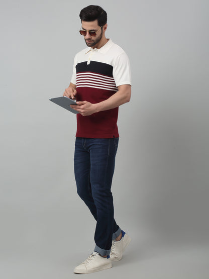 Men's Maroon Color block Stripe Polo neck Half Sleeve Flatknit T-Shirt