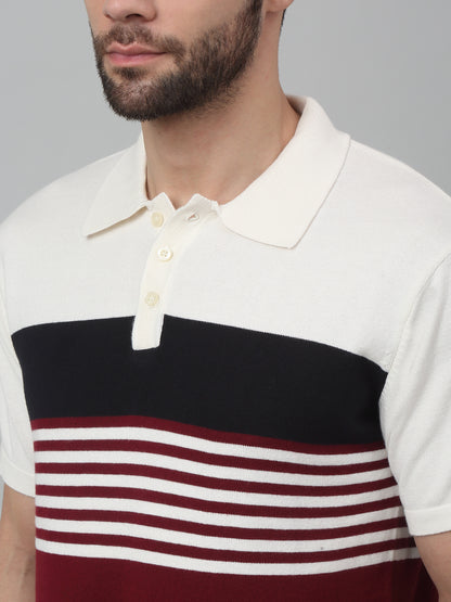 Men's Maroon Color block Stripe Polo neck Half Sleeve Flatknit T-Shirt