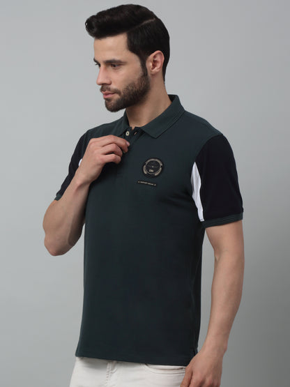 Men's Sea Green Polo neck Half Sleeve T-Shirt with color block sleeve