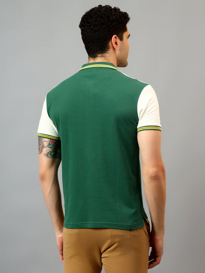 Men's Green Color block Polo neck Half Sleeve T-Shirt with cut and sew