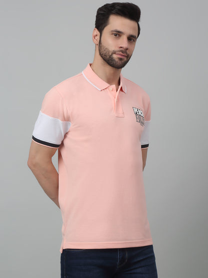 Men's Pink  Polo neck Half Sleeve T-Shirt with chest print & color block on sleeve