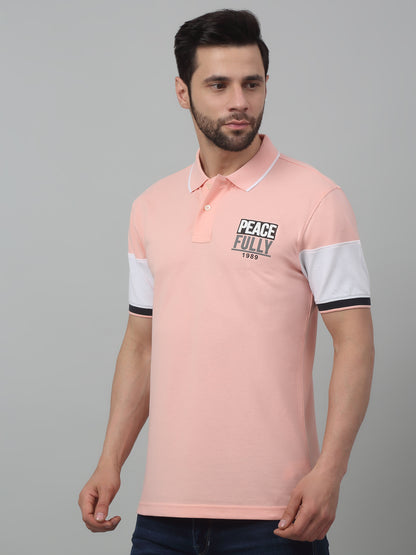 Men's Pink  Polo neck Half Sleeve T-Shirt with chest print & color block on sleeve