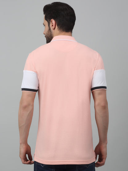 Men's Pink  Polo neck Half Sleeve T-Shirt with chest print & color block on sleeve