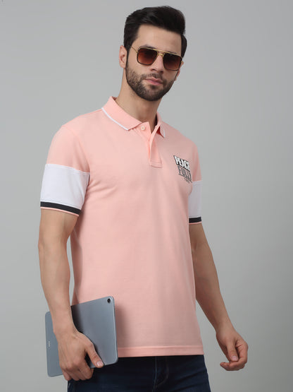 Men's Pink  Polo neck Half Sleeve T-Shirt with chest print & color block on sleeve