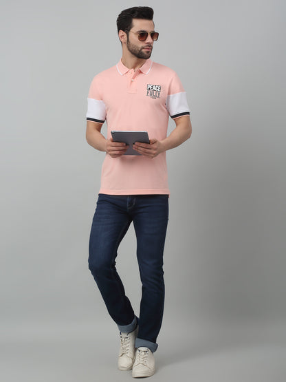 Men's Pink  Polo neck Half Sleeve T-Shirt with chest print & color block on sleeve