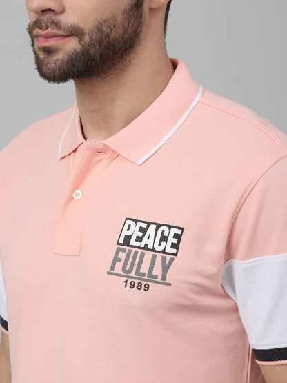 Men's Pink  Polo neck Half Sleeve T-Shirt with chest print & color block on sleeve